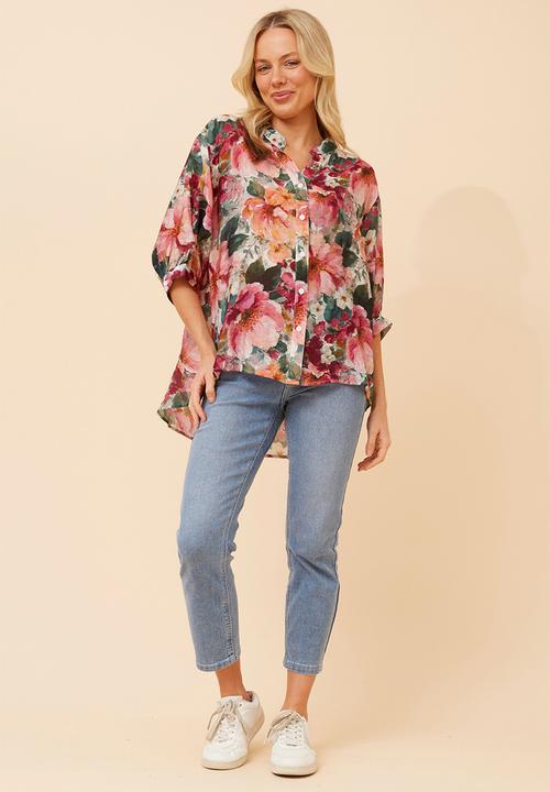 Izabel London - Half Sleeve Batwing Easy Wearing Printed Sheer Blouse With Back Button Stand Detail - Multi Pink