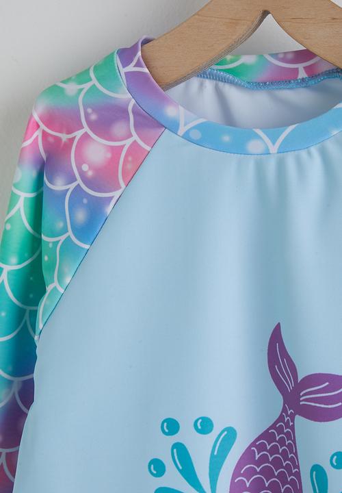 Pop Candy - Mermaid print rash guard and board shorts - laser blue/multi
