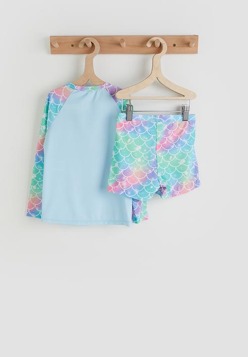 Pop Candy - Mermaid print rash guard and board shorts - laser blue/multi
