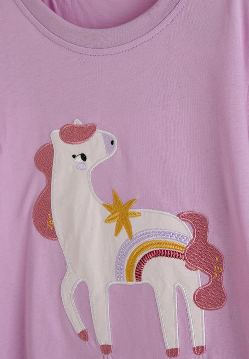 Pop Candy - Embroidered unicorn tee with striped shorts - light purple/red