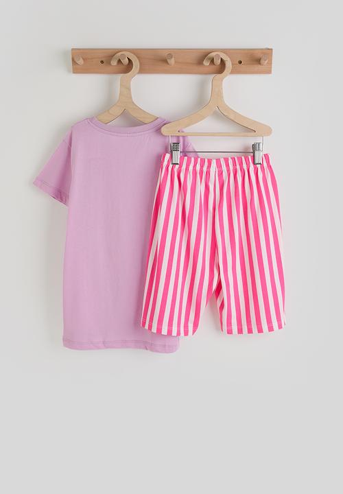 Pop Candy - Embroidered unicorn tee with striped shorts - light purple/red