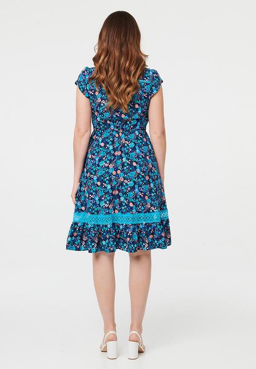Stella Morgan - Cap Sleeve With Flutter V-Neck Button Through Midi Dress With Border Print Detail - Multi Navy