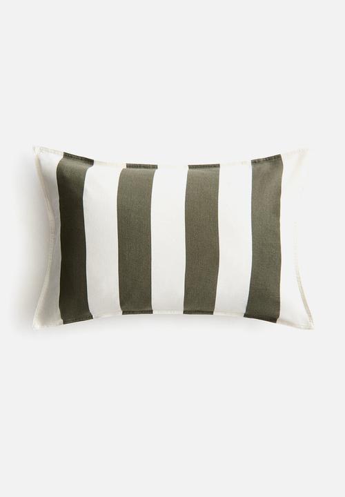 H&M - Linen-blend cushion cover - dark olive green/white striped