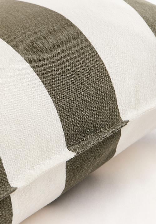 H&M - Linen-blend cushion cover - dark olive green/white striped