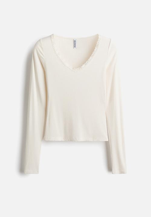H&M - Lace-trimmed jersey top - cream