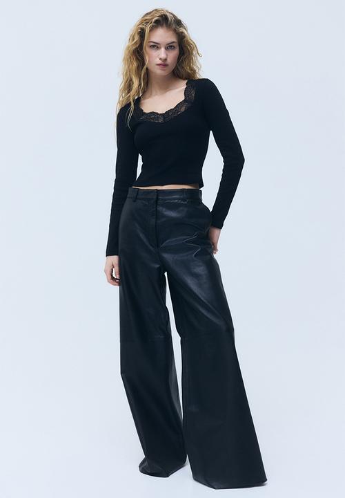 H&M - Lace-trimmed jersey top - black