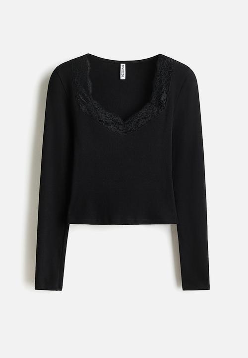 H&M - Lace-trimmed jersey top - black