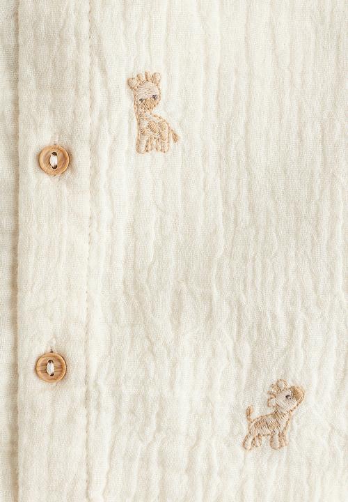 H&M - Embroidery-detail romper suit - light beige/giraffes