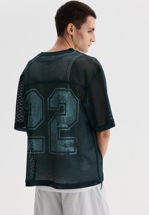 H&M - Oversized fit printed mesh t-shirt - dark teal/22