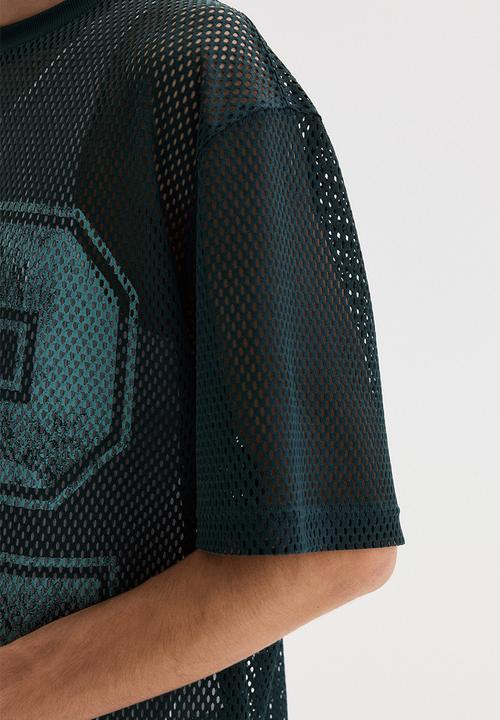 H&M - Oversized fit printed mesh t-shirt - dark teal/22