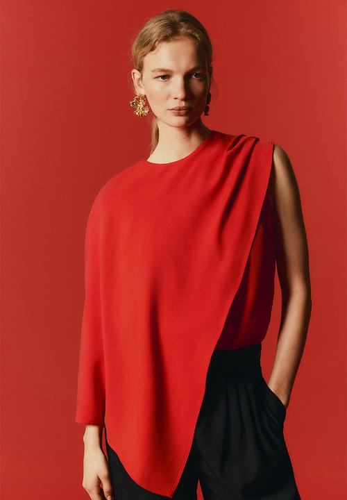 H&M - Asymmetric cape-detail blouse - bright red