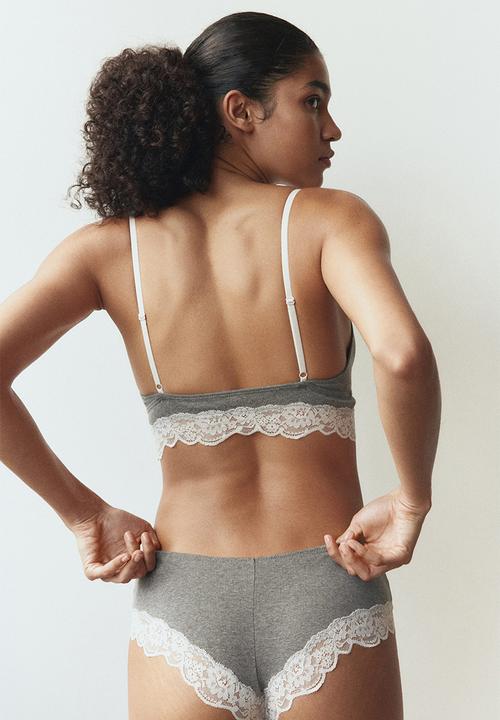 H&M - Lace-trimmed cotton bralette - grey marl/cream
