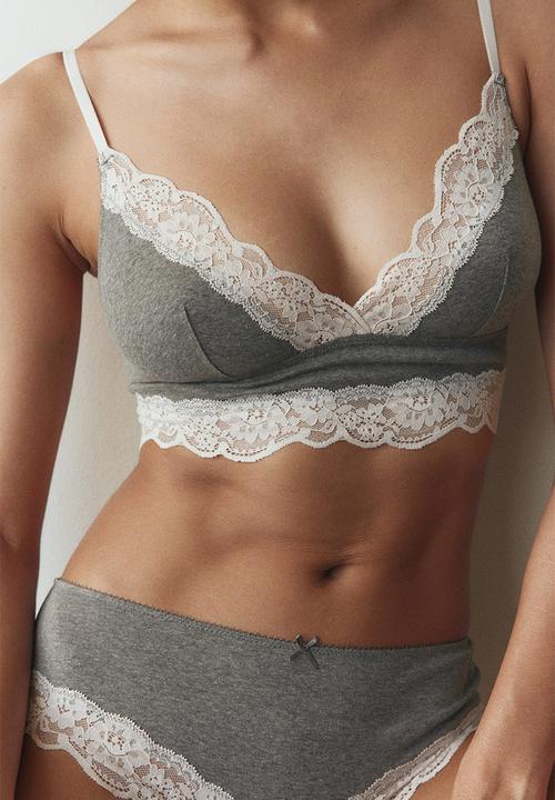 H&M - Lace-trimmed cotton bralette - grey marl/cream