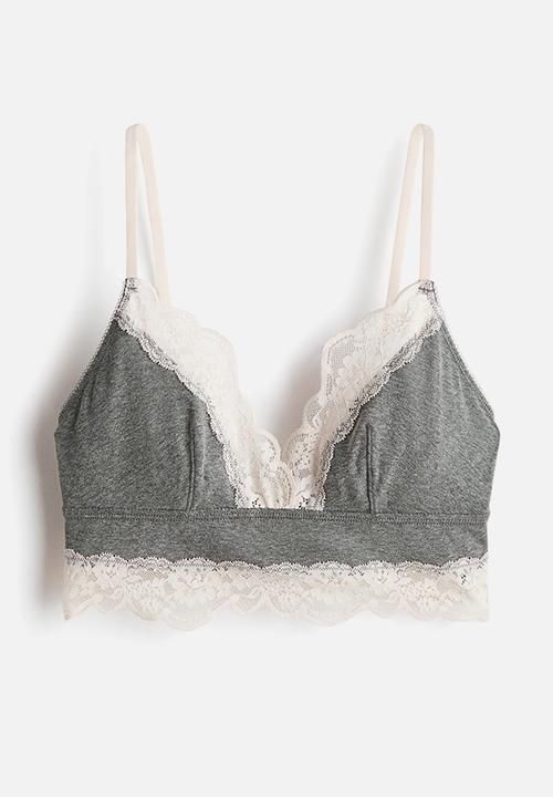 H&M - Lace-trimmed cotton bralette - grey marl/cream