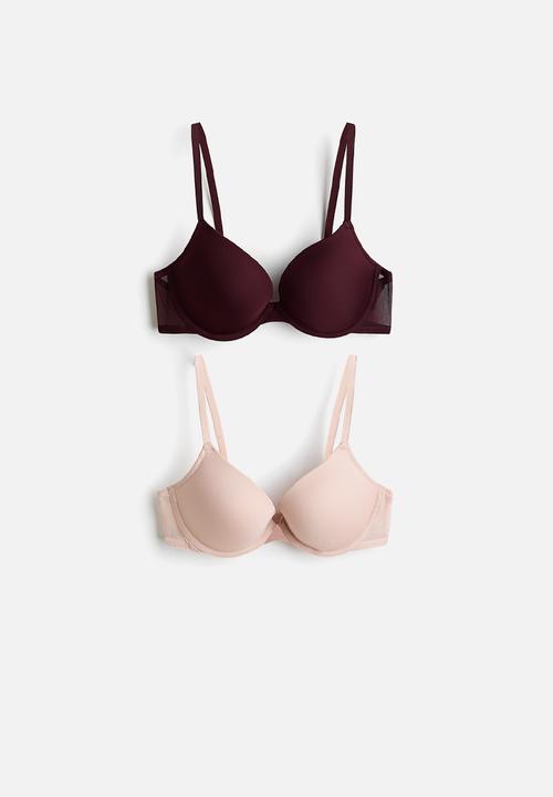 H&M - 2-pack microfibre push-up bras - burgundy/powder pink