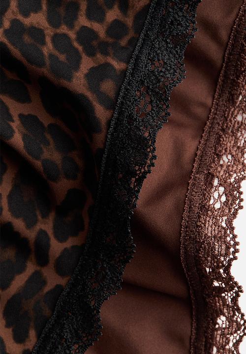 H&M - 3-pack microfibre tanga thong briefs - dark brown/leopard print