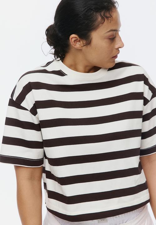 H&M - Boxy t-shirt - white/dark brown striped