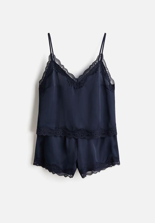 H&M - Lace-trimmed satin pyjamas - navy blue