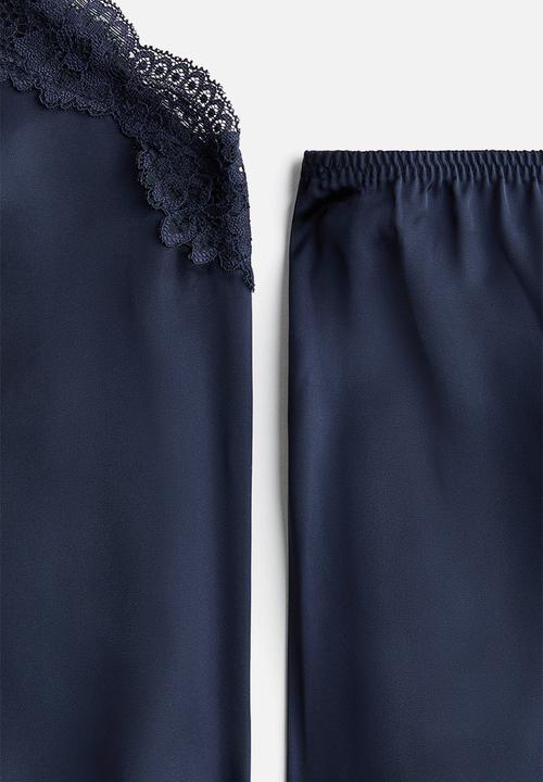 H&M - Lace-trimmed satin pyjamas - navy blue