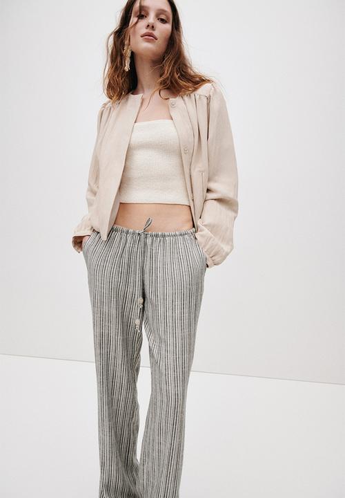 H&M - Linen-blend drawstring trousers - black/striped