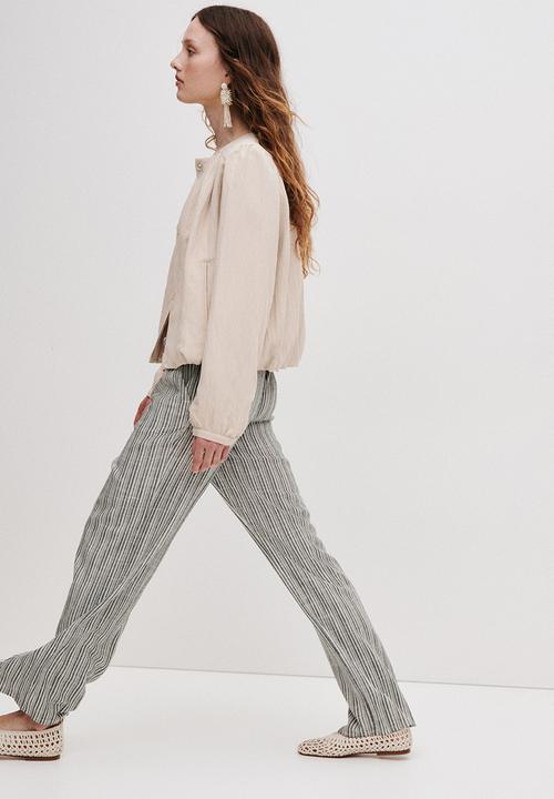 H&M - Linen-blend drawstring trousers - black/striped