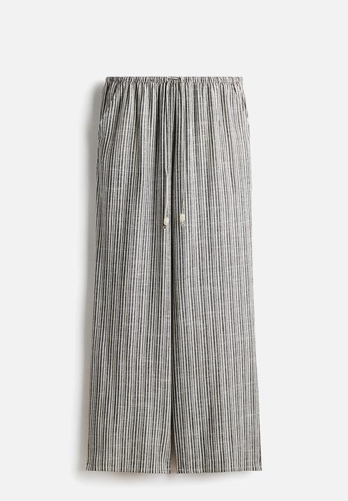 H&M - Linen-blend drawstring trousers - black/striped