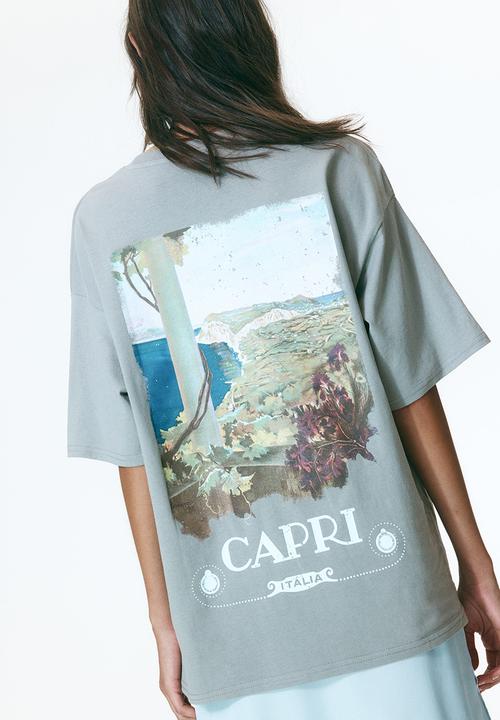 H&M - Oversized print-motif t-shirt - grey/capri