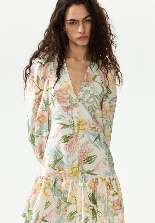 H&M - Balloon-sleeved tunic dress - cream/floral