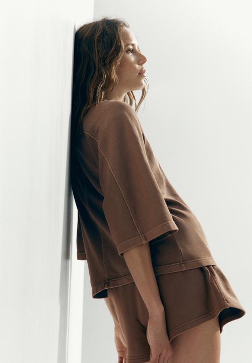 H&M - Short-sleeved cotton sweatshirt - dusty brown