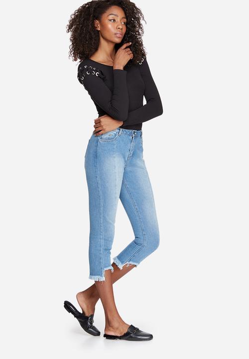Missguided - Lace up shoulder ribbed long sleeve bodysuit