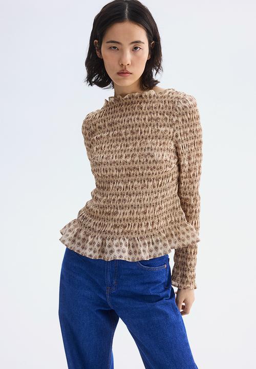 H&M - Smocked top - beige/floral