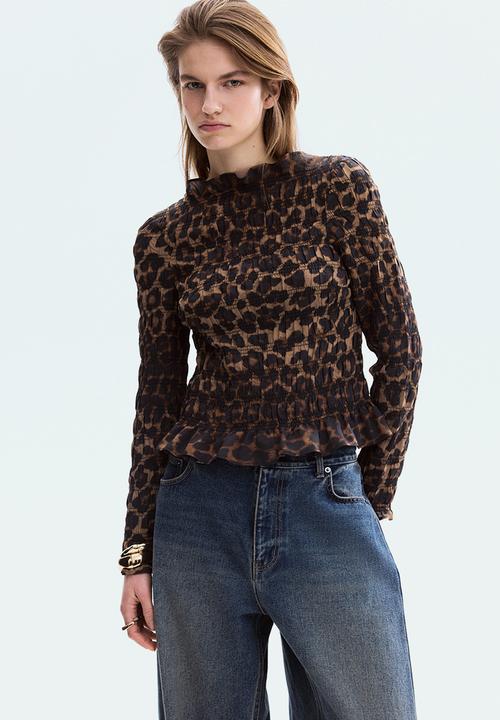 H&M - Smocked top - beige/leopard print