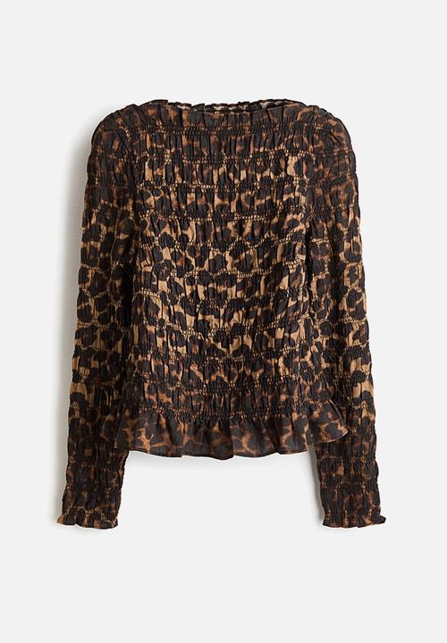 H&M - Smocked top - beige/leopard print
