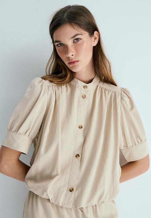 H&M - Bubble-hem twill blouse - light beige