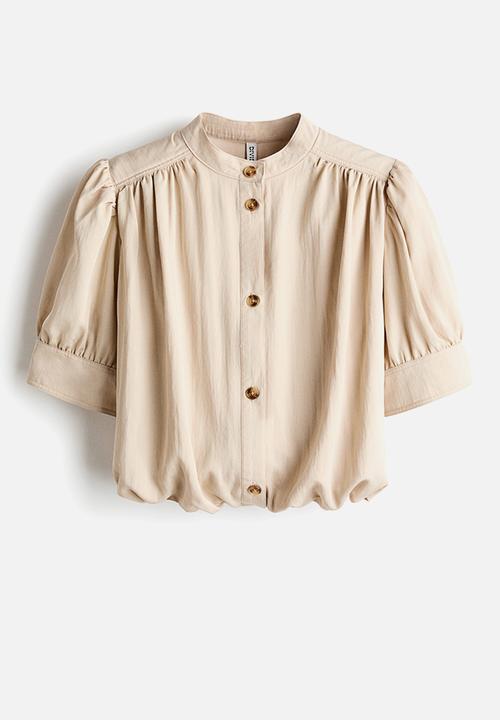 H&M - Bubble-hem twill blouse - light beige