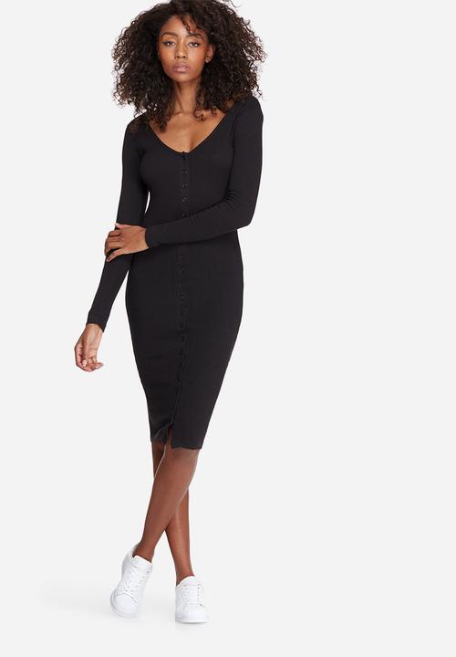 black ribbed button down midi dress