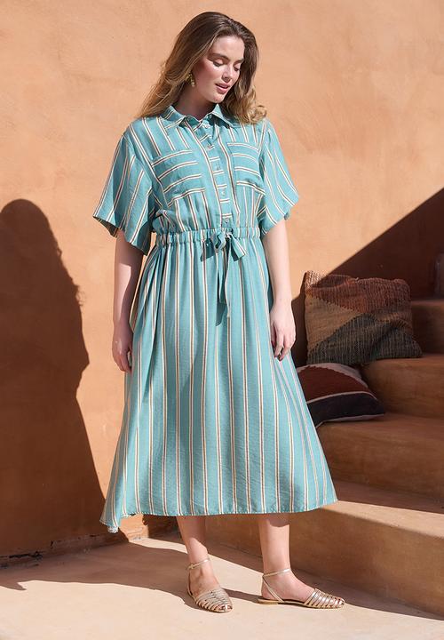 Me&B - Drawstring Waist Pocket Shirt Dress - White Stripe