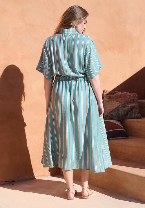 Me&B - Drawstring Waist Pocket Shirt Dress - White Stripe