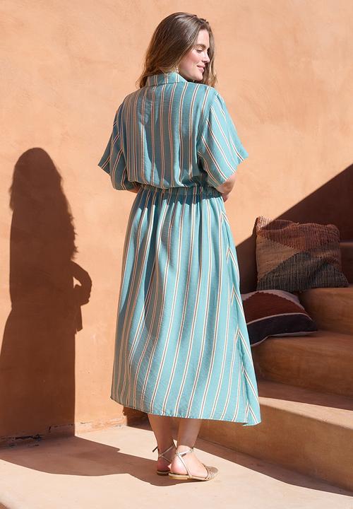 Me&B - Drawstring Waist Pocket Shirt Dress - White Stripe