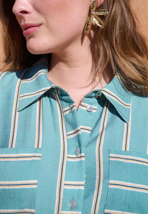 Me&B - Drawstring Waist Pocket Shirt Dress - White Stripe