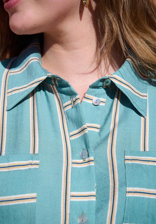 Me&B - Drawstring Waist Pocket Shirt Dress - White Stripe