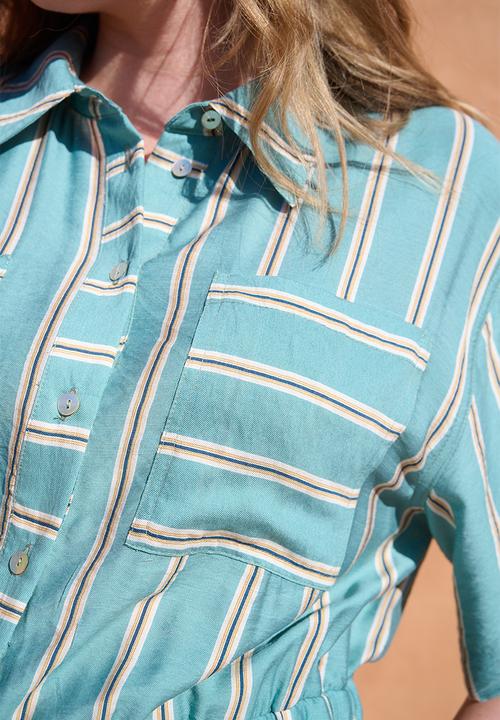 Me&B - Drawstring Waist Pocket Shirt Dress - White Stripe
