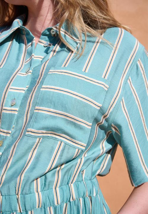 Me&B - Drawstring Waist Pocket Shirt Dress - White Stripe