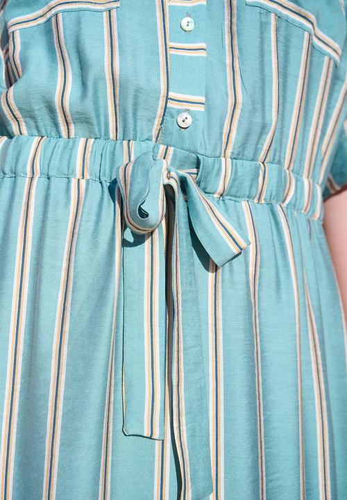 Me&B - Drawstring Waist Pocket Shirt Dress - White Stripe