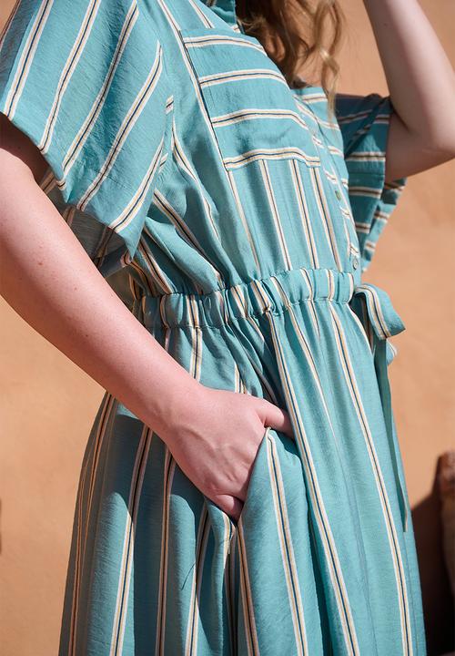 Me&B - Drawstring Waist Pocket Shirt Dress - White Stripe