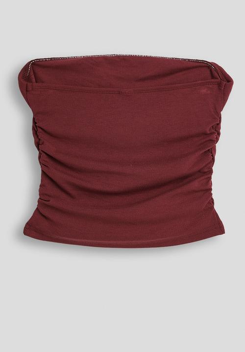 Pop Candy - Ribbed side ruched tube top - burgundy
