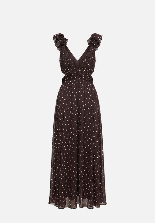 Forever New - Selena ruffle shoulder maxi dress - brown vale spot