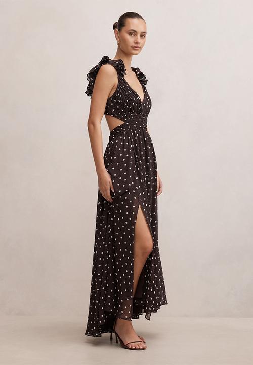Forever New - Selena ruffle shoulder maxi dress - brown vale spot