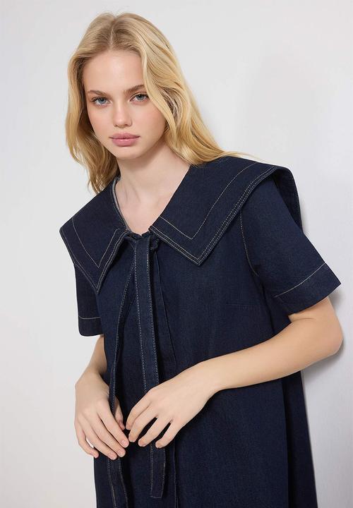 Trendyol - Peter Pan Collar Cotton Mini Denim Dress - Blue