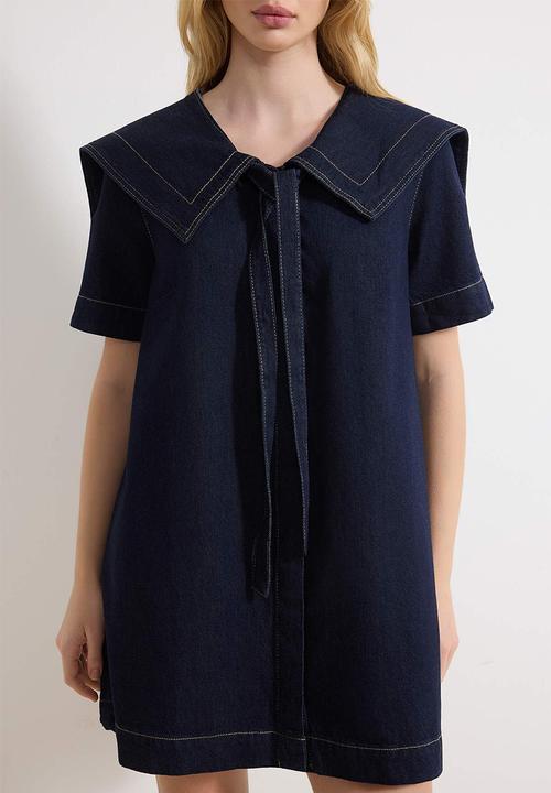 Trendyol - Peter Pan Collar Cotton Mini Denim Dress - Blue
